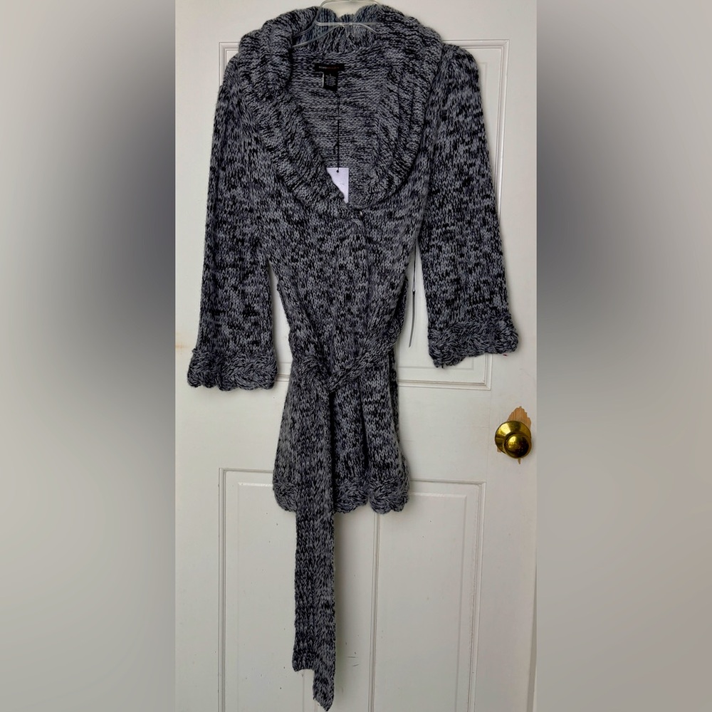 BCBG Max Azria Heathered Black Gray Belted 3/4 Cardigan L Wool Angora Blend NWT
